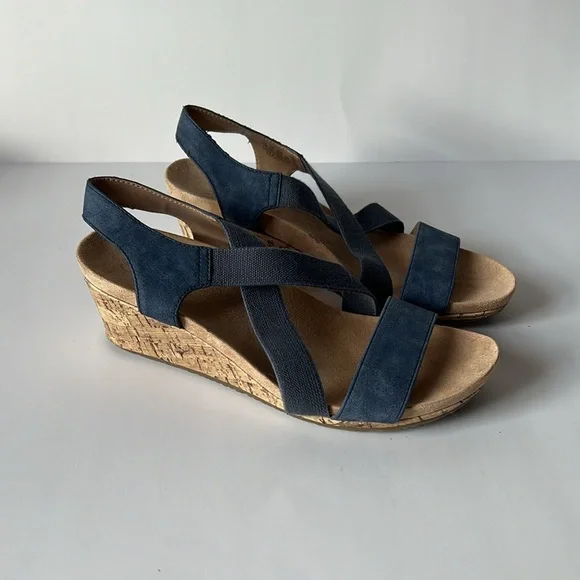Life Stride Flex Soft System Sandals 7.5 M Denim blue suede 2.5” wedge heel - Picture 4 of 7